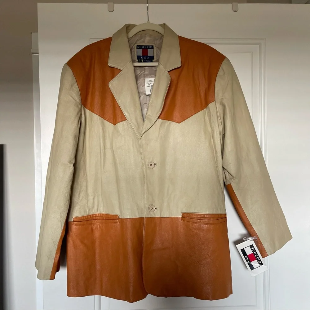 Scorpio color blocked tan and mustard leather jacket - Picture 1 of 8